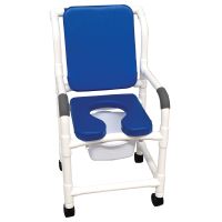 Shower chair 18" internal width twin casters deluxe elongated open front soft seat BLUE cushioned padded back