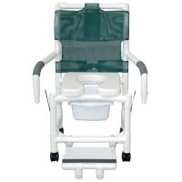 Shower chair 18" internal width, open front seat twin casters with double drop arms slide out footrest
