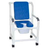 Wide shower chair twin casters deluxe elongated open front soft seat BLUE