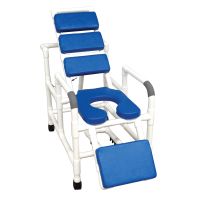 Reclining TOTAL Blue padding shower chair with open front soft seat and elevated leg extension