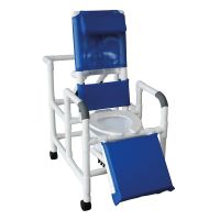 Reclining shower chair with deluxe elongated open front commode seat