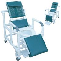 Reclining shower chair with deluxe elongated open front commode seat and folding footrest