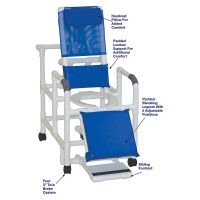 Reclining shower chair with deluxe elongated open front commode seat footrest, padded elevated leg extension