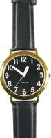Unisex Low Vision Watch Gold Tone With Black Face - White Numbers and Leather Band