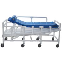 Bariatric shower gurney with three position elevating headrest, close cell water proof foam pad, drain pan & drain hose, 600 lbs weight capacity