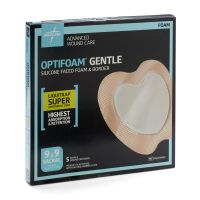 Optifoam Gentle Silicone-Faced Foam Dressing with Liquitrap Super Absorbent Core, 9" x 9", Sacrum, in Educational Packaging