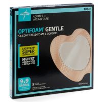 Optifoam Gentle Silicone-Faced Foam Dressing with Liquitrap Super Absorbent Core, 9" x 9", Sacrum, in Educational Packaging
