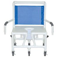 Bariatric shower chair slide out commode pail double drop arms and full support seat with commode opening