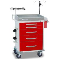 Detecto Loaded Rescue Series Emergency Room Medical Cart, White Frame with 6 Red Drawers