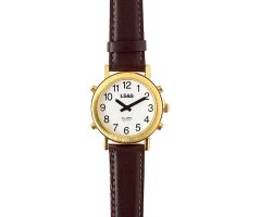 Talking Watch White face, gold tone, brown leather strap