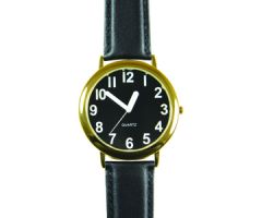 Unisex Low Vision Watch Gold Tone With Black Face  White Numbers and Leather Band
