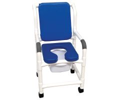 Shower chair 18" internal width twin casters deluxe elongated open front soft seat BLUE cushioned padded back
