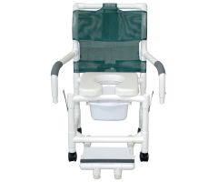 Shower chair 18" internal width, open front seat twin casters with double drop arms slide out footrest