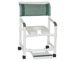 Wide shower chair twin casters deluxe elongated open front soft seat and slide out footrest