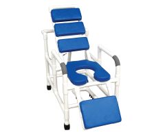 Reclining TOTAL Blue padding shower chair with open front soft seat and elevated leg extension