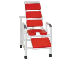 Reclining TOTAL Red padding shower chair with open front soft seat and elevated leg extension