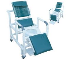 Reclining shower chair with deluxe elongated open front commode seat and folding footrest