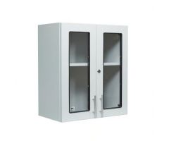 Wall Cabinet with Windows and Locking Doors, 24 Inch, White with Wire Handle