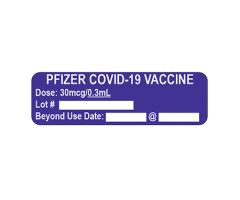 Pfizer Covid-19 Vaccine Labels, Dose/Lot/BUD, Purple/White, 2 x 