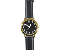 Unisex Low Vision Watch Gold Tone With Black Face - White Numbers and Leather Band