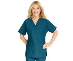 ComfortEase Women's V-Neck Tunic Scrub Top with 2 Pockets, Caribbean Blue, Size L