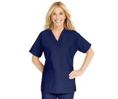 ComfortEase Women's V-Neck Tunic Scrub Top with 2 Pockets, Midnight Blue, Size 2XS