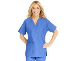 ComfortEase Women's V-Neck Tunic Scrub Top with 2 Pockets, Ceil Blue, Size S