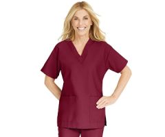 ComfortEase Women's V-Neck Tunic Scrub Top with 2 Pockets, Wine, Size XS