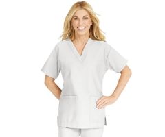 ComfortEase Women's V-Neck Tunic Scrub Top with 2 Pockets, White, Size M