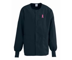 ComfortEase Unisex Crew-Neck Warm-Up Jacket with Knit Cuffs, Black with Pink Ribbon, Size XL