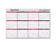 Horizontal Erasable Quarterly Wall Calendar, Reversible, Red Black, Extra Large, 36" x 24"