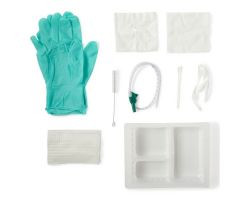 Three Compartment Tracheostomy Tray with (2) Aloe Touch Gloves, (1) Drape, (2) Nonwoven Gauze 4x4s, (2) Cotton-Tip Applicators, (1) Brush, (1) 34" Twill Tape, (1) 6-ply Trach Dressing and (1) 14 Fr Whistle Tip Suction Catheter