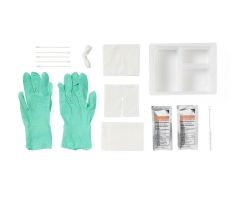 Three Compartment Tracheostomy Tray with (2) Aloe Touch Gloves, (1) Drape, (2) Nonwoven Gauze 4x4s, (5) Cotton-Tip Applicators, (1) Pliable Cleaning Brush, (1) 34" Twill Tape, (1) 6-ply Trach Dressing and (2) Hydrogen Peroxide