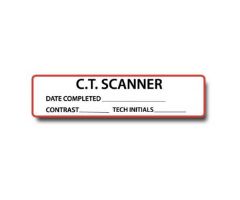 "C.T. Scanner" Permanent Adhesive Labels. Unlaminated-White Label with Red Border, Black Print. 500 per roll. 15/16" H x 3" W. Includes: Date Completed, Tech Initials and Exam Marking area