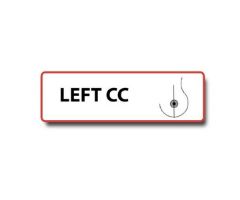 "Left CC" Permanent Adhesive Labels. Unlaminated-Red Border, Black Print. 500 per roll. 1/2" H x 1 1/2" W. For use in Mammography.