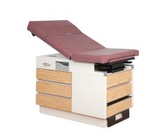 Basic Exam Table with Manual Back and 5 Drawers, Cream White Base, Wine Upholstery