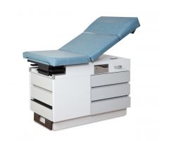 Basic Exam Table with Manual Back and 5 Drawers, Pearl Gray Base, Blue Upholstery