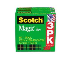 Magic Tape Refill, 0.5" x 1, 296", 1" Core, Clear, 3/Pack