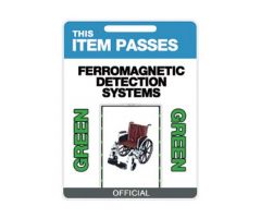 Rigid Plastic Tag-"This Item Passes Ferromagnetic Detection Systems", 6"H X 4" W, Blue/White Background with Red, White, Black, Green Font, with slot on top to hang from product. 25 Per Pkg
