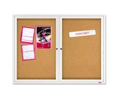 Natural Cork and Fiberboard 48" x 36" Enclosed Bulletin Board with Silver Aluminum Frame with 2 Doors