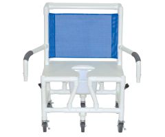 Bariatric shower chair slide out commode pail double drop arms and full support seat with commode opening