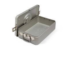 Steriset Sterilization Container with Flat Bottom and Aluminum Lid, Half-Size, Gray Handle, 12" x 10.75" x 4.5"