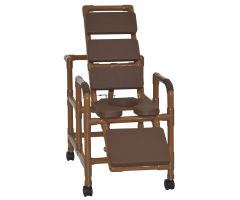 Wood Tone Reclining TOTAL Brown padding shower chair with open front soft seat and elevated leg extension
