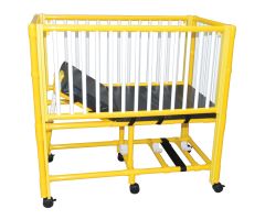 Yellow PVC frame pediatric crib bed with adjustable side rails O2 tank holder